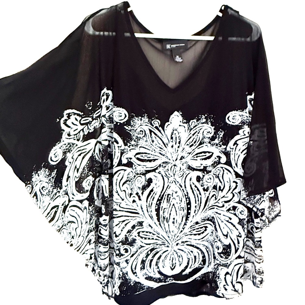INC Boho Black White Semi Sheer Top Cami Plus 2X Flare Sleeve Whimsigoth Evening